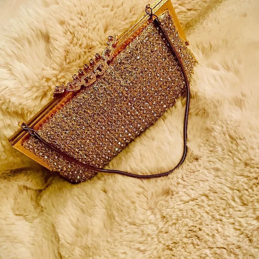 ♥️ Vintage Rhinestone Gold Women's Clutch Purse 60s Hong Kong